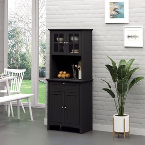 Elegante Credenza Nera per Sala da Pranzo e Cucina con Vetrina e Ante in Vetro Incorniciato, Cassetto e Spazio per Microonde - Product Image 2
