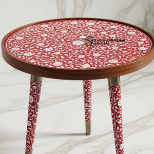 Red Meena Floral Design <b>Round</b> Wooden Side Table – Handcrafted Decorative Accent Table for Living Room & Bedroom - Product Image 5