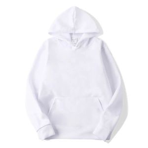 <b>Men's</b> <b>White</b> Hooded <b>Sweatshirt</b> Regular Fit Cotton Knitted Casual Pullover Solid Color Front Pocket Autumn Wear - Product Image 1