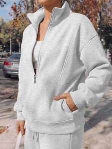 Ensemble de détente 2 pièces pour femme en molleton, sweat-shirt et pantalon de survêtement à jambes larges, couleur unie, décontracté, toutes saisons, avec fermeture éclair et cordon de serrage - Product Image 3