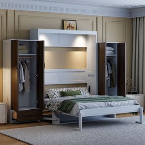 Lit Murphy pleine taille blanc avec tiroirs de rangement et table - Lit mural avec fonctions de rangement pratiques - Product Image 3