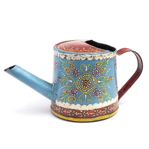 Arrosoir en fer peint à la main, bleu, avec motif floral, pour le jardinage - Product Image 1
