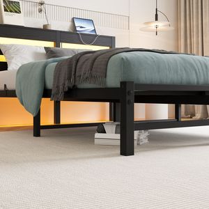 Struttura letto matrimoniale in metallo con testiera in legno, luci RGB, prese di corrente, caricatore, ripiano contenitore silenzioso, nessuna rete a molle necessaria - Product Image 5