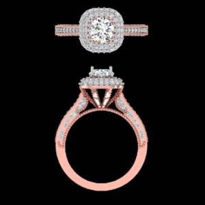 Luxury 1.42ctw Rose Gold Double Cushion Halo Round Diamond Engagement <b>Ring</b> With Triple Row Pave Band And <b>Split</b> Filigree Gallery - Product Image 2