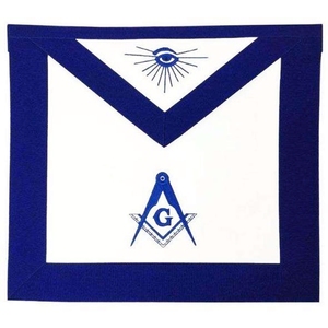 Tablier de cérémonie maçonnique en satin brodé, imprimé feuille d'or, bleu et blanc, col en V avec franges et motifs symboliques - Product Image 4