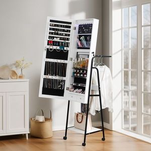 Organizzatore di Gioielli da Parete in Vetro con Perline, Barra Pieghevole Rimovibile e Ripiani con Finitura in Legno - Product Image 3