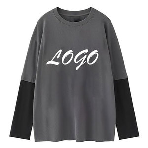 เสื้อยืดแขนยาวโอเวอร์ไซส์ผู้ชาย สีเทา-ดำ ตัดต่อผ้าถัก คอโอ ผ้าฝ้าย พิมพ์ลายตัวอักษร โลโก้ด้านหน้า เสื้อยืดสองชั้น สไตล์ลำลอง - Product Image 1