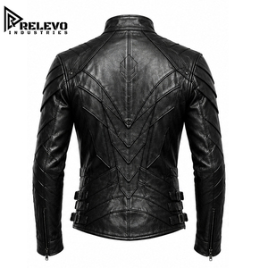 <b>Men</b> Handmade Black Genuine <b>Leather</b> Motorcycle Biker <b>Jacket</b> with Quilted Sleeves, Stand-Up Collar and Adjustable Side Straps - Product Image 3