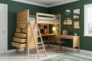 Lit superposé moderne avec bureau et commode en bois massif blanc style scandinave, lit superposé avec rangement - Product Image 2
