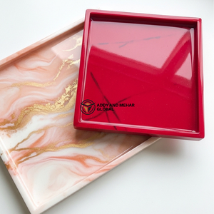 Juego de bandejas de resina epoxi premium – Bandejas cuadradas de color rojo brillante y beige mármol |   Decoración Elegante para el Hogar - Product Image 2