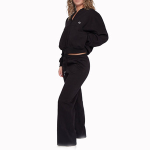 Black Cotton Fleece Women Tracksuit Jogger Sets <b>Drop</b> Shoulder Zip Up Hoodie 450GSM Heavyweight Ladies Activewear Export Quality - Product Image 2