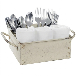 Porta cubiertos de metal galvanizado negro estilo rústico con mango de madera, organizador de utensilios portátil de 4 compartimentos para cocina y comedor - Product Image 5