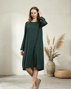 Vestido Midi de Lino y Algodón Verde para Mujer, Cuello Redondo, Manga Larga, Estilo Boho, Holgado, con Bolsillos, para Uso Diario Informal de Otoño - Product Image 3