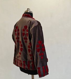 Blazer en velours matelassé brodé à la main pour femme, col mandarin, manches trois quarts, motif floral en coton, vêtement d'extérieur automne-hiver - Product Image 2