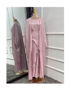 Ensemble Abaya d'été en soie brillant 3 pièces tenues musulmanes assorties Kimono + robe longue + jupe portefeuille à nouer Islam Ramadan Eid modeste - Product Image 4