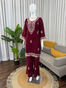 Burgundy Embroidered Kurta for Women Rayon Lace Trim Long <b>Top</b> Casual Party Indian Pakistani Outfit - Product Image 4
