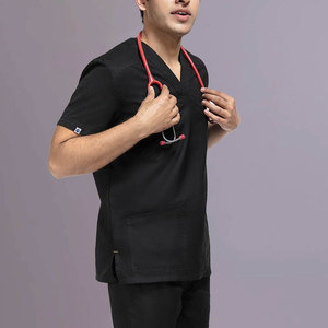 Blouses médicales noires pour hommes, col en V, manches courtes, coton et polyester, uniforme d'hôpital avec poche et attache pour stéthoscope - Product Image 4