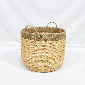 Panier de rangement rustique en jacinthe d'eau naturelle avec cadre en jonc de mer, forme circulaire, ensemble de paniers écologiques pour le linge et l'organisation de la maison - Product Image 2