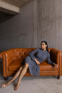 Grey Denim Midi <b>Dress</b> With Stand Collar Long Sleeves <b>For</b> <b>Women</b> Featuring Lightweight Fabric Modern Style Comfortable Fit - Product Image 5