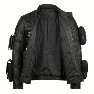 Wholesale Mens Black Genuine Leather <b>Jacket</b> Customized Streetwear Utility Multi Pocket Outerwear Heavyweight Moto <b>Biker</b> Supplier - Product Image 3