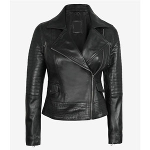 2026 New Design Ladies Black Real Leather Moto <b>Jacket</b> Quilted Sleeve Asymmetrical Biker Style Women’s Leather Outerwear - Product Image 3
