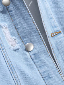 <b>Men's</b> <b>Light</b> <b>Blue</b> Denim Jacket Hooded <b>Ripped</b> Frayed Casual Style Spring Season Turn-Down Collar Regular Fit - Product Image 4
