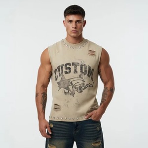 Custom Screen Print <b>Distressed</b> Rhinestone Tank <b>Top</b> 100% Cotton Premium Streetwear Sleeveless T Shirt Unisex OEM Wholesale - Product Image 3