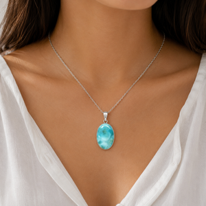 Colgante de Larimar Natural al por Mayor, Chapado en Plata de Ley 925, Hecho a Mano, Corte Ovalado, Joyería de Estilo Clásico, Regalo con Cadena de Cable - Product Image 3