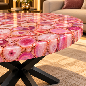 Mesa de Centro Redonda Moderna Hecha a Mano con Resina de Ágata Rosa y Base en X de Metal Negro para Sala de Estar - Product Image 2