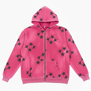Sudadera con capucha y cremallera con estampado de estrellas rosas, unisex, de forro polar, corte regular, estilo casual de otoño, a precios de mayorista. - Product Image 1