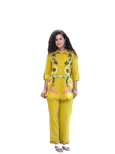 Modest Embroidery Casual Office Wear Women's Plus Size Full Sleeves <b>Suit</b> <b>Pants</b> Indian Coord <b>Pant</b> Cotton Wholesale Cord Set - Product Image 2