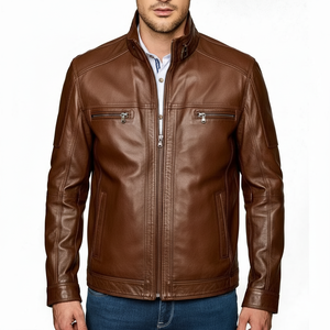 Men's Brown Genuine Leather Moto <b>Jacket</b> Stand Collar Zipper Closure Regular Fit Autumn Wear - Product Image 6
