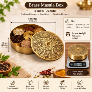 Ethnic Indian Brass Masala Dabba <b>with</b> Floral Engraved <b>Lid</b> and Spoon | Round Multi Bowl Spice Storage <b>Box</b> for Home Kitchen - Product Image 5