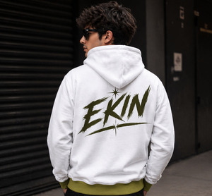 Sweat-shirt à capuche blanc pour homme <span class=keywords><strong>Ekin</strong></span> avec bordure vert olive et logo imprimé sur le devant, style décontracté, coupe classique, 100% coton French Terry - Product Image 4