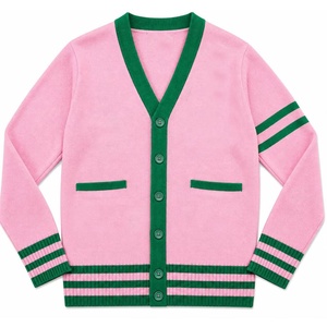 Cárdigan de Punto Rosa con Cuello en V para Mujer, Estilo Universitario, con Contraste Verde, Suéter Cárdigan Rosa y Verde, Diseño Varsity OEM - Product Image 1