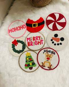 Sous-verre rond en perles de verre à thème de Noël, avec support en tissu, résistant à la chaleur, motif renne, bonhomme de neige, Père Noël, pour tasse - Product Image 1