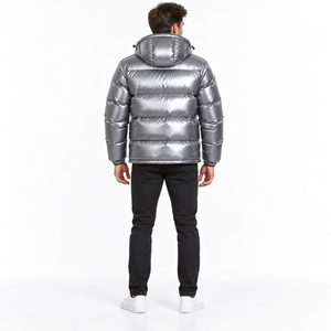 Blouson matelassé pour homme personnalisé, argenté brillant, à capuche, chaud, en nylon enduit de duvet, zippé, coupe-vent, décontracté - Product Image 2
