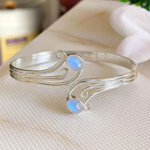 Sterling Silver Wave Bangle-Double Stone Adjustable Swirl Cuff-Elegant Handmade Artisan Jewelry Women Rhodium Plated IGI - Product Image 1