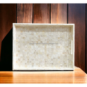 Bandeja de madera con incrustaciones de fregona Rectangular clásica con lados bandeja de servidor decorativa hecha a mano para exhibición de regalos de hogares de hospitalidad - Product Image 1