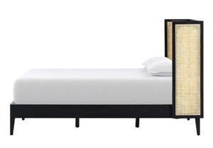 Modern Rattan Headboard <b>Bed</b> <b>Frame</b> Wooden Bedstead Black and Natural Panel <b>Bed</b> for Hotel Home Bedroom - Product Image 2