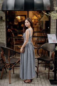 Vivika Women's Black <b>White</b> Gingham <b>Dress</b> Sleeveless Square Neck Lace Up High Waist A-Line <b>Summer</b> <b>Maxi</b> CAROLINE - Product Image 3