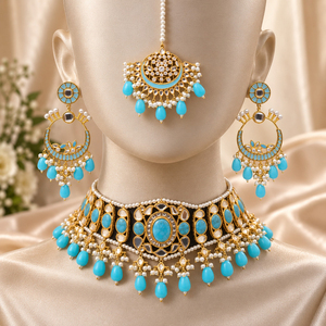Venta al por mayor de conjunto de gargantilla nupcial, pendientes de aro y tikka con cuentas de turquesa chapadas en oro, a granel - Product Image 5