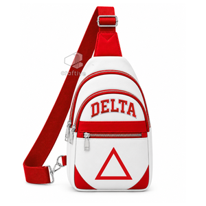Delta | Sigma | Theta Sorority White Red Color Block PU Leather Crossbody <b>Bag</b> Adjustable Strap Multi-Compartment <b>Sling</b> Backpack - Product Image 1