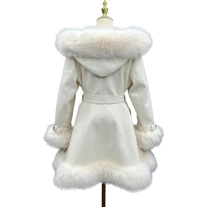 Elegant Women's White Faux <b>Fur</b> Thick Down Filled Coat with Belt Bow Full Sleeve Winter Outerwear Long Warm Fashion Coat - Product Image 4