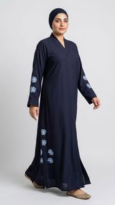 Elegant Navy Blue Embroidered Abaya With V Neck Long Sleeve Floor Length Modest Dress For Women Daily Wear - Product Image 1