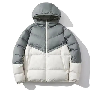 Women's <b>Quilted</b> Jacket Gray White Color Block Hooded Full Sleeve Winter Thick Polyester <b>Wadding</b> Zipper Closure - Product Image 1