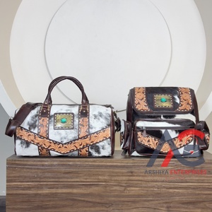 2026 Premium High Quality Hand <b>Tooled</b> Cowhide Leather Duffel <b>Bags</b> & <b>Backpack</b> Matching 2 Piece Set Unisex Travel Luggage Set - Product Image 1