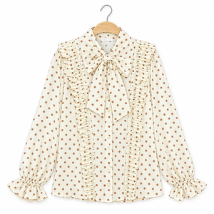 Blusa de moda para mujer al por mayor con estampado de lunares, cuello con lazo, plisada, con volantes frontales, manga larga, elegante, para oficina, proveedor de tops de trabajo - Product Image 1