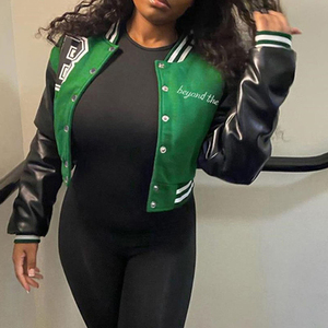Chaqueta Varsity Verde para Mujer, Manga de Cuero PU, Color Sólido, Cuello Camisero, Corta, Estilo Universitario, Chaqueta Bomber para Otoño - Product Image 4