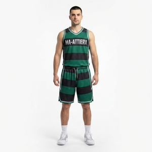 Ensemble Maillot et Short de Basketball Personnalisé pour Homme, Rayures Vertes et Noires, Sans Manches, Respirant, Tenue de Sport d'Équipe - Product Image 1